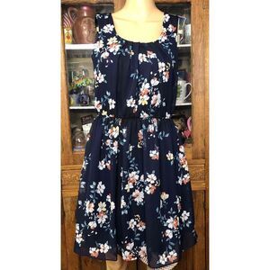 By And By Navy Floral Sleeveless Dress Pleated Neckline Elastic Waist Small